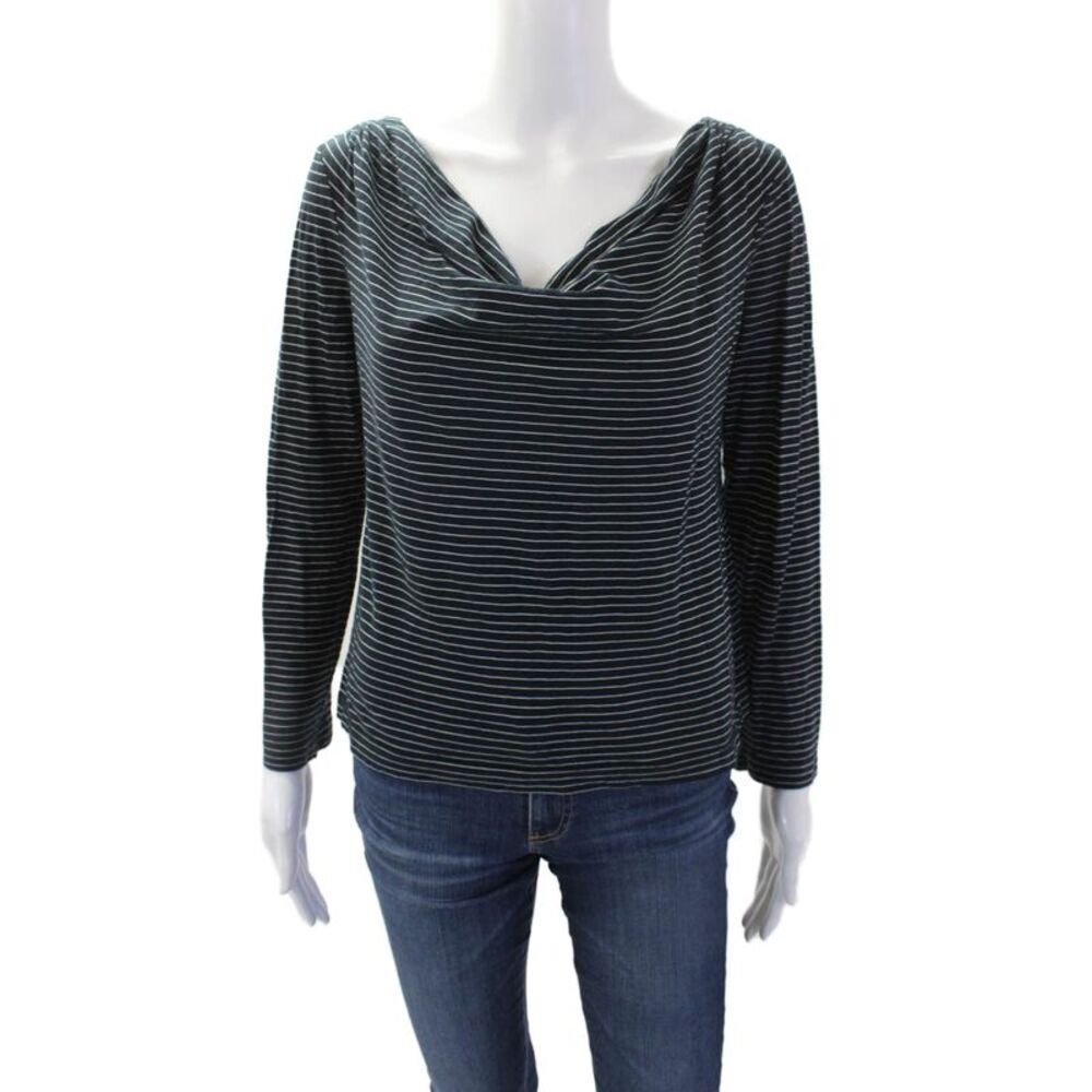 Iisli Womens Cotton Striped Boat Neck Long Sleeve Knit Navy Blue Size Small